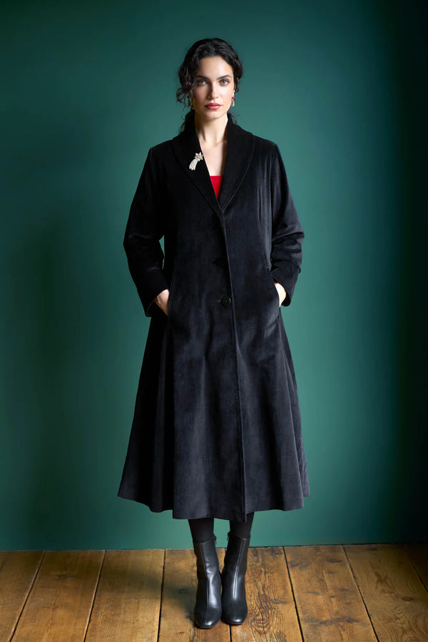 Black Cotton Velvet Print Lined  Coat