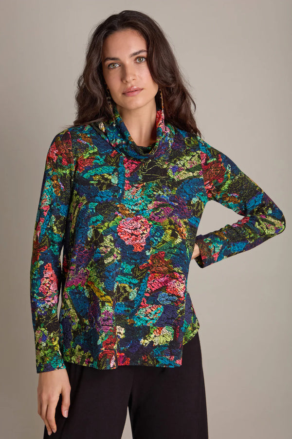 Abstract Floral Jersey Cowl Neck Top