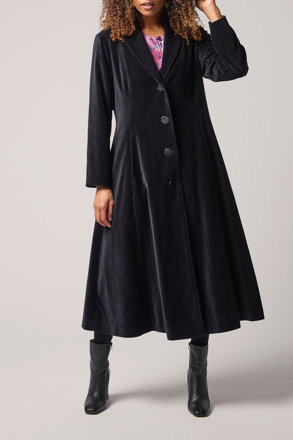 Black Cotton Velvet Print Lined  Coat